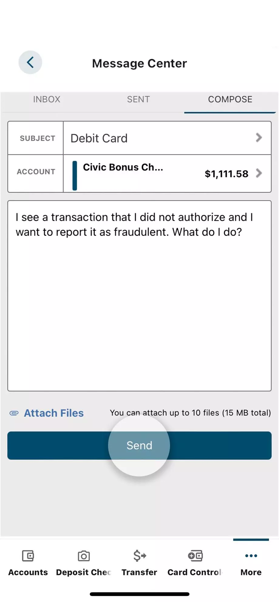 Civic app screen that confirms a successful message.