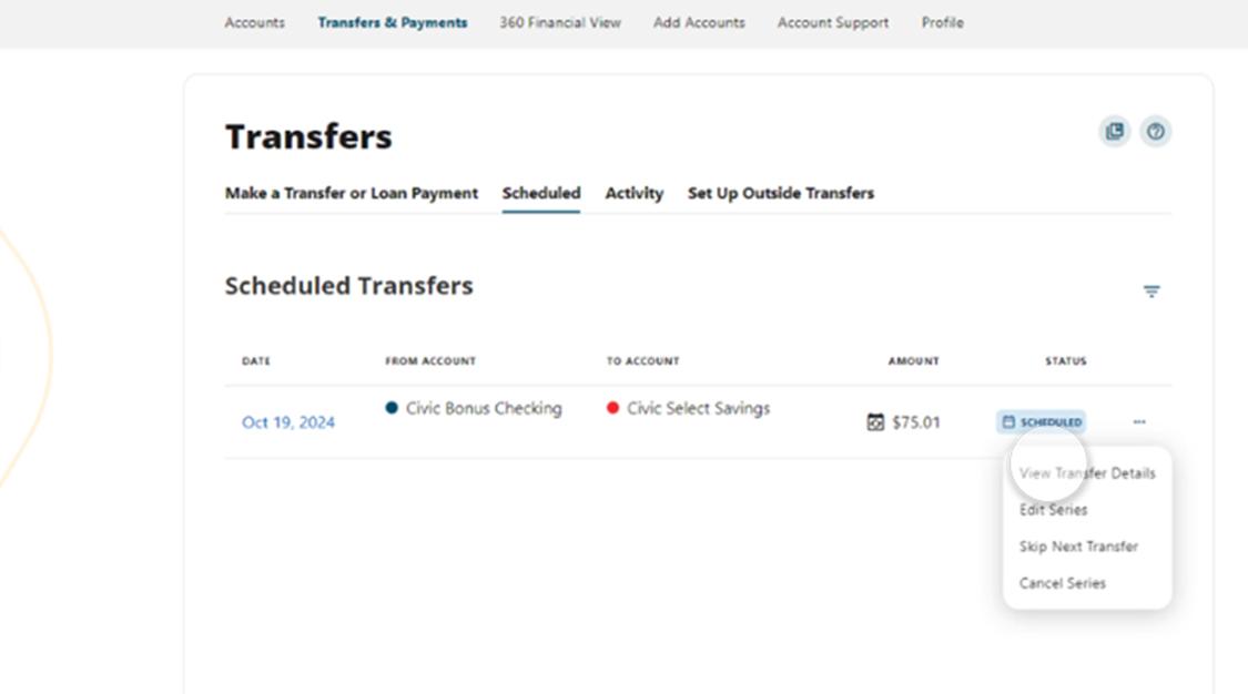 Civic online banking screen that highlights the transfer details.