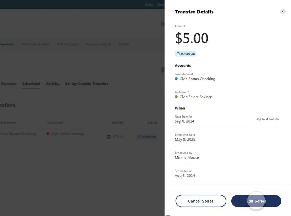 Civic online banking screen that highlights the button selection of edit series..