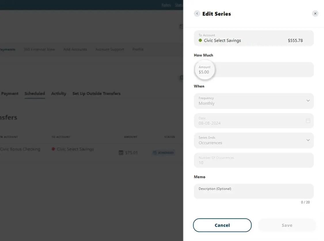 Civic online banking screen that highlights the selection of amount.