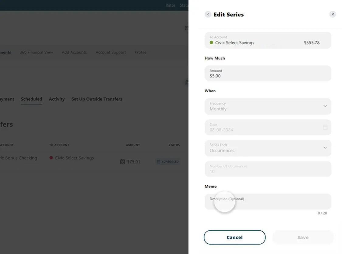 Civic online banking screen that highlights the selection of memo.
