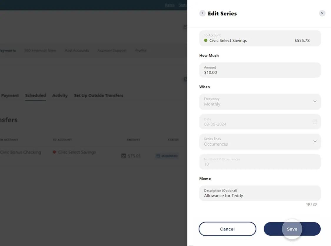 Civic online banking screen that highlights the selection of the save button.