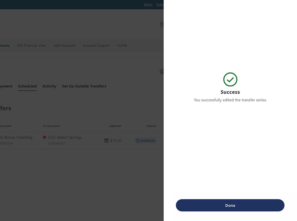 Civic online banking screen that displays confirmation of transfer edit.