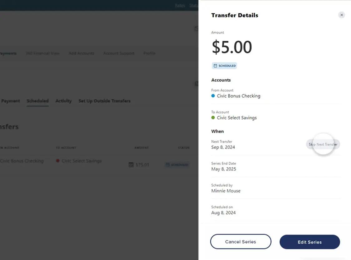 Civic online banking screen that highlights the selection skip next transfer.