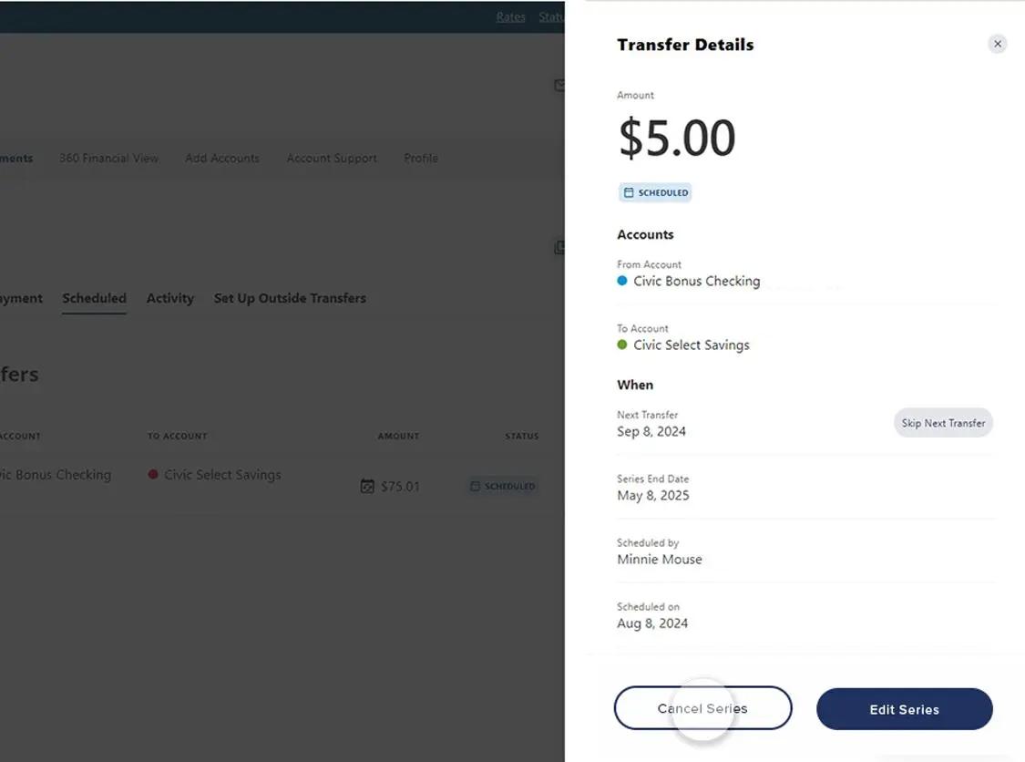 Civic online banking screen that highlights the selection of cancel series button.