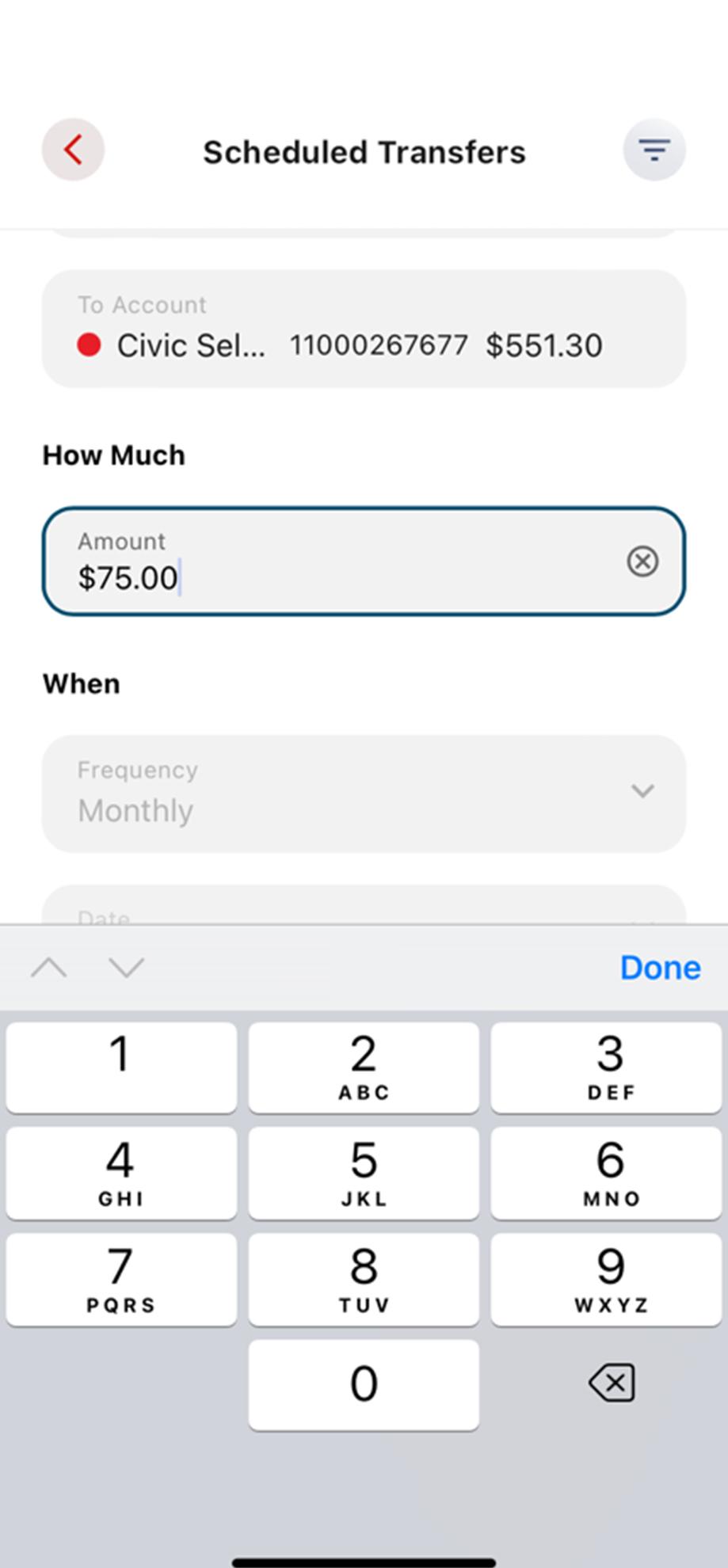 Civic app screen that shows the input of a dollar amount.