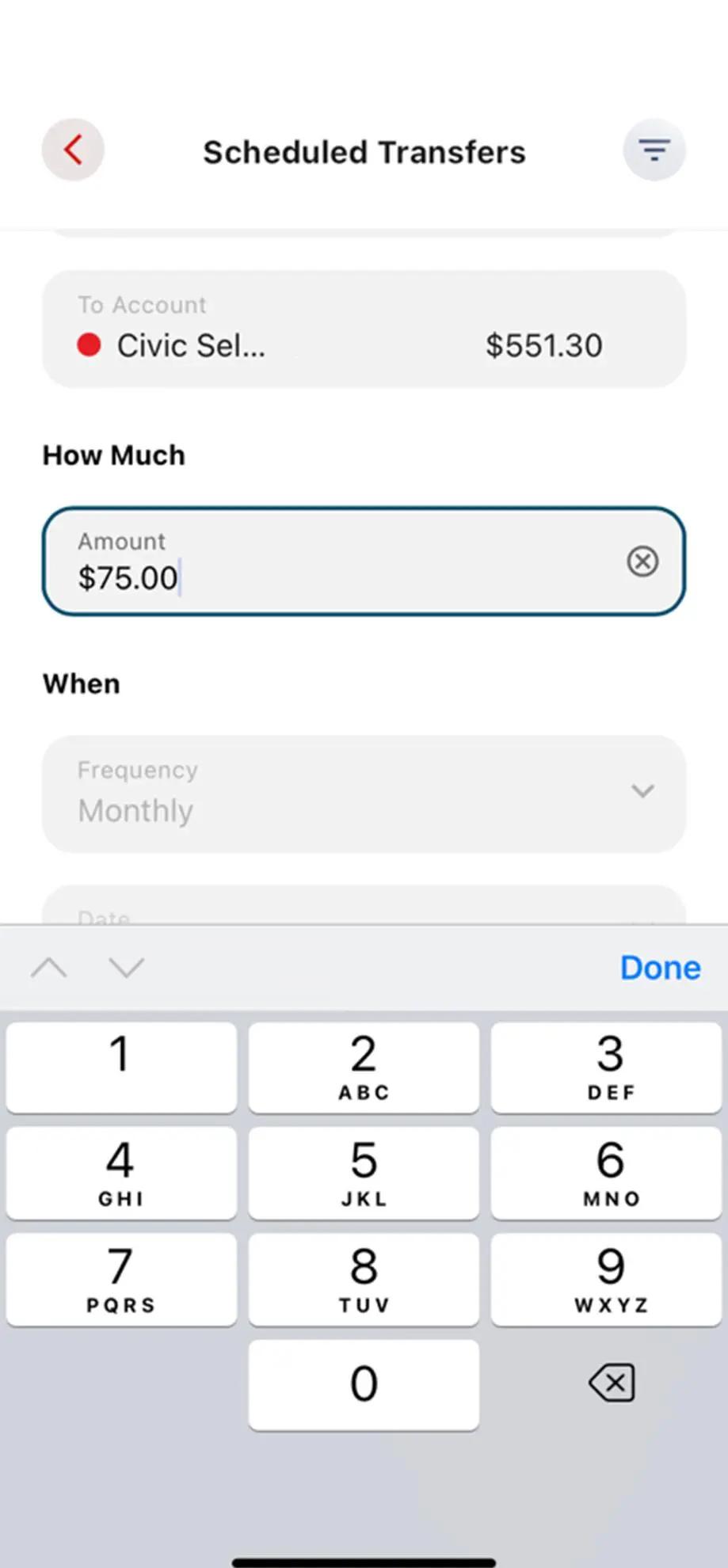 Civic app screen that shows the input of a dollar amount.