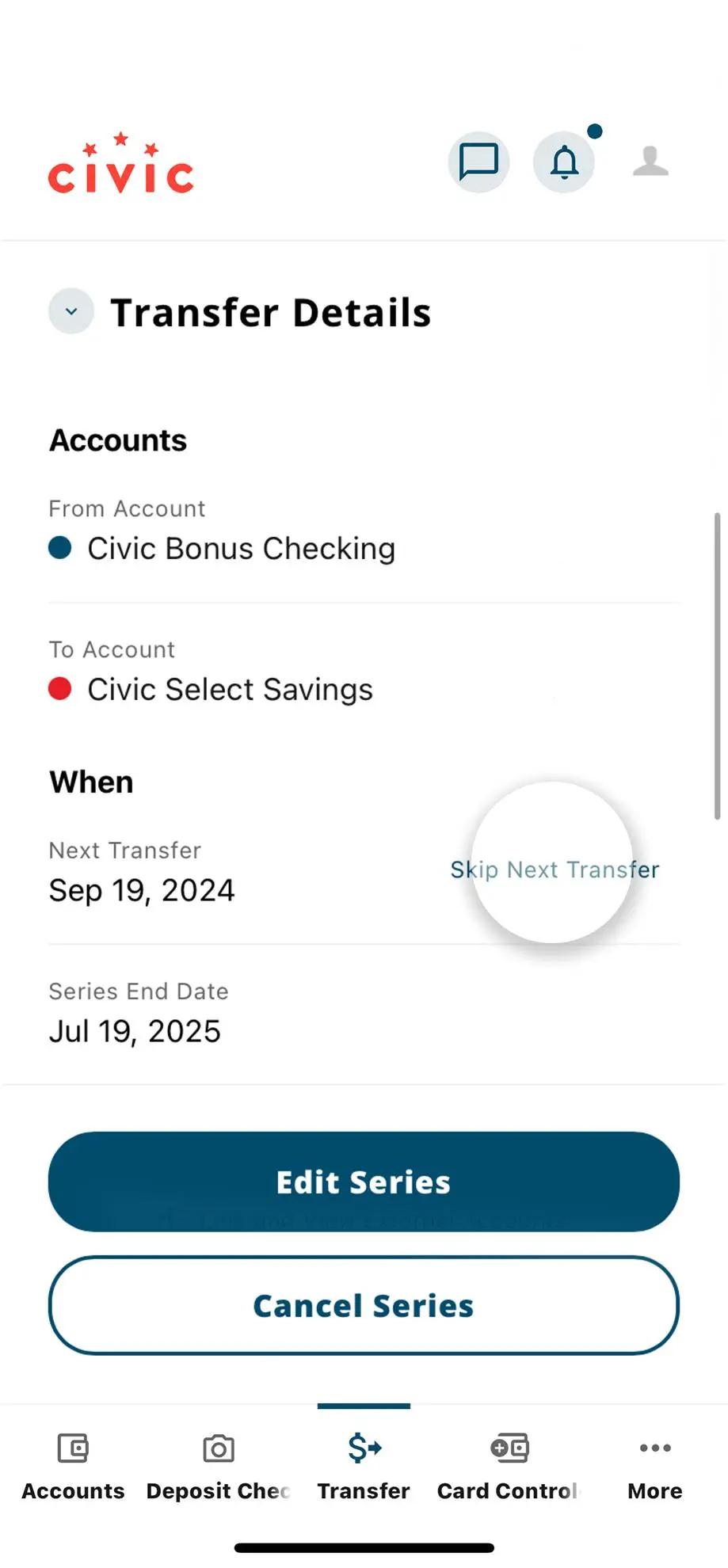 Civic app screen that highlights the selection of skip next transfer.