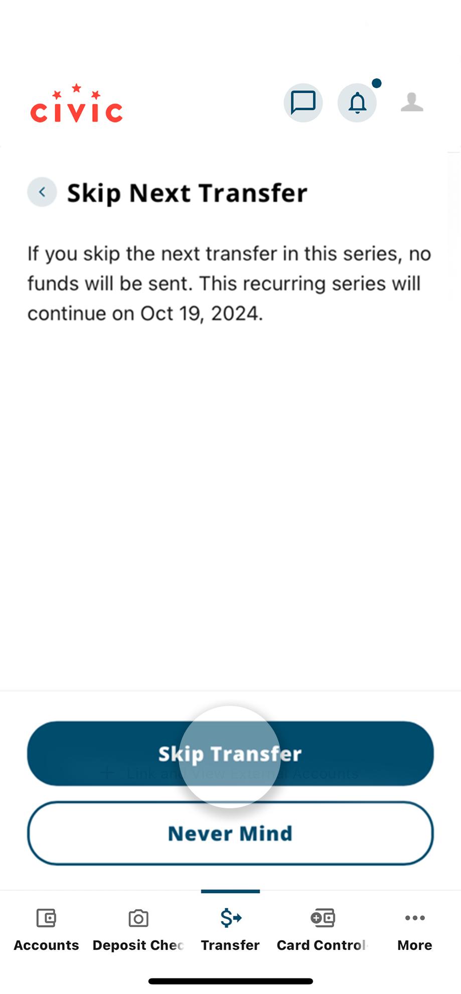 Civic app screen that highlights the selection of skip transfer on the confirmation page.