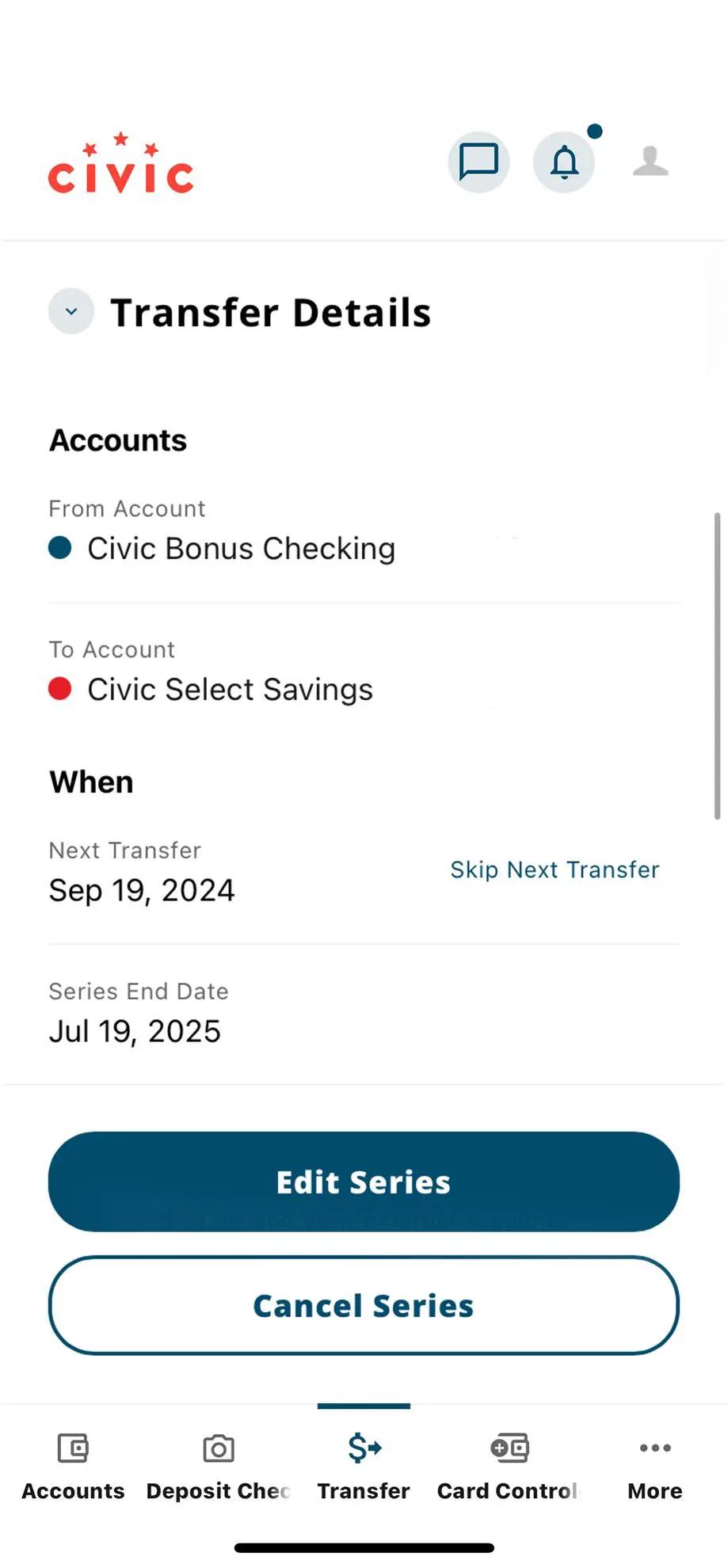 Civic app screen that shows the details of a transfer.