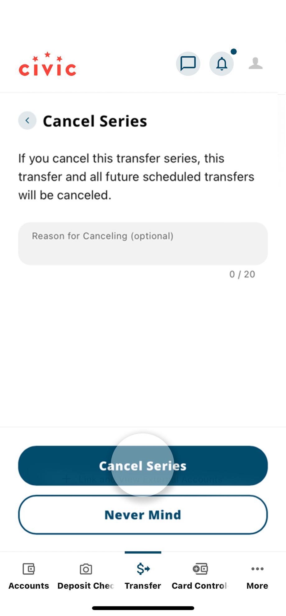 Civic app screen that highlights the selection of cancel series button.