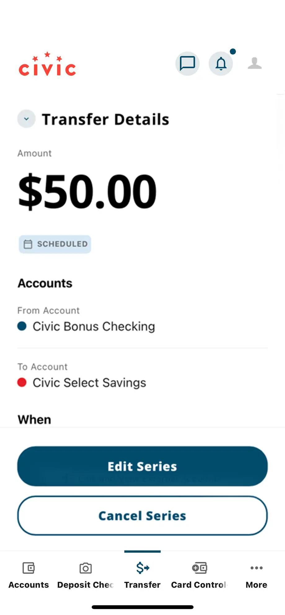Civic app screen that highlights the selection of cancel series.
