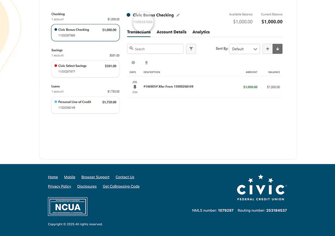 Civic online banking screen that highlights the selection of an account number.