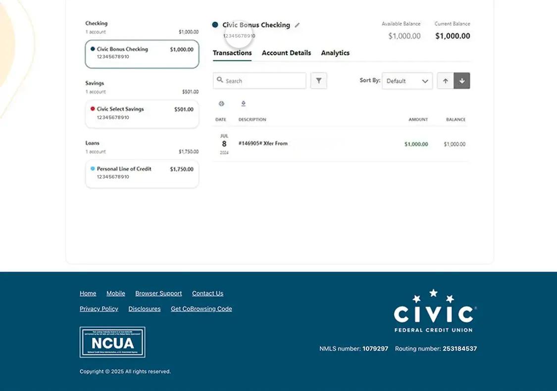 Civic online banking screen that highlights the selection of an account number.