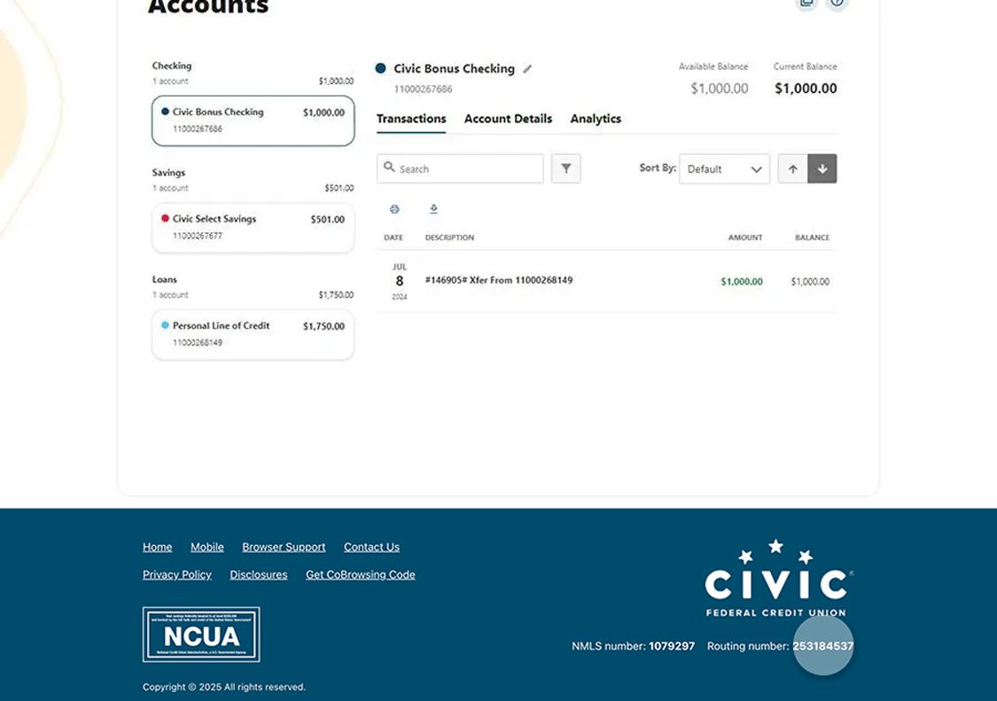 Civic online banking screen that highlights the selection of the routing number.