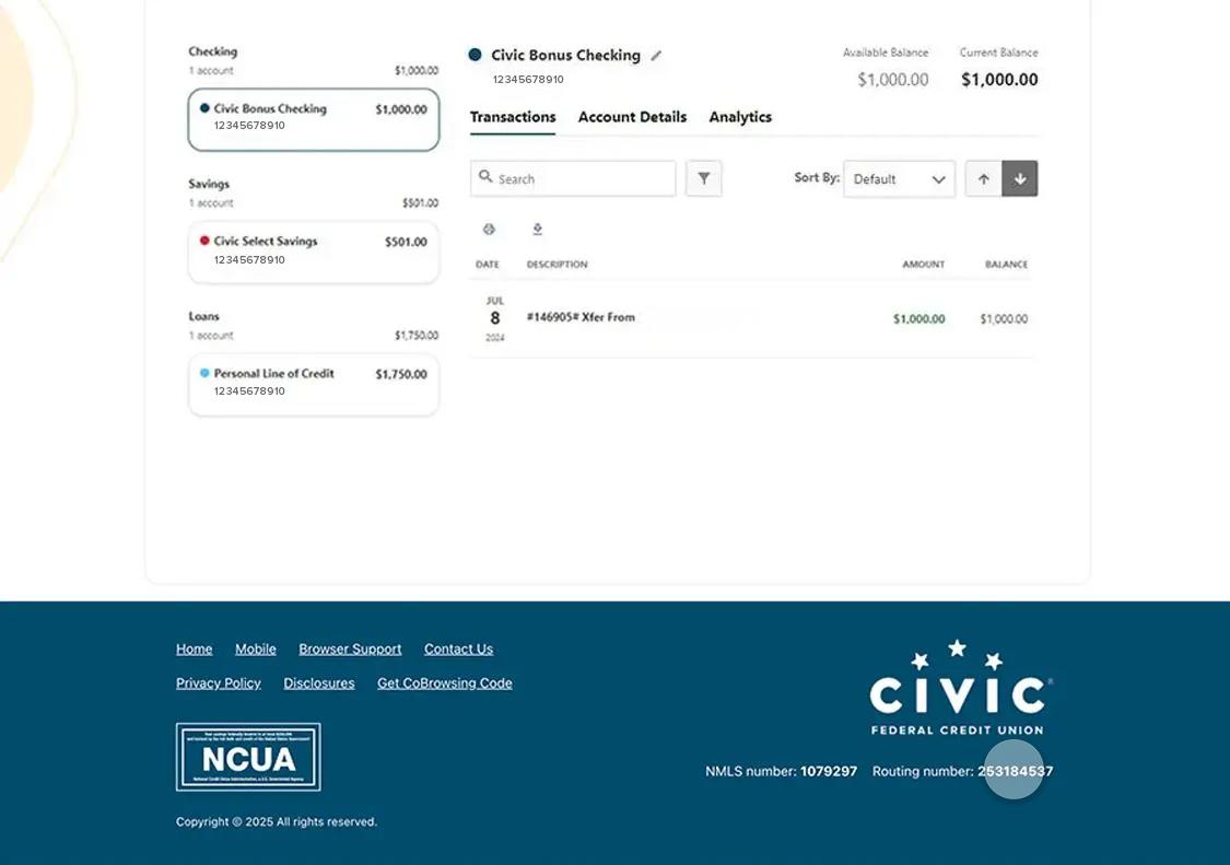Civic online banking screen that highlights the selection of the routing number.
