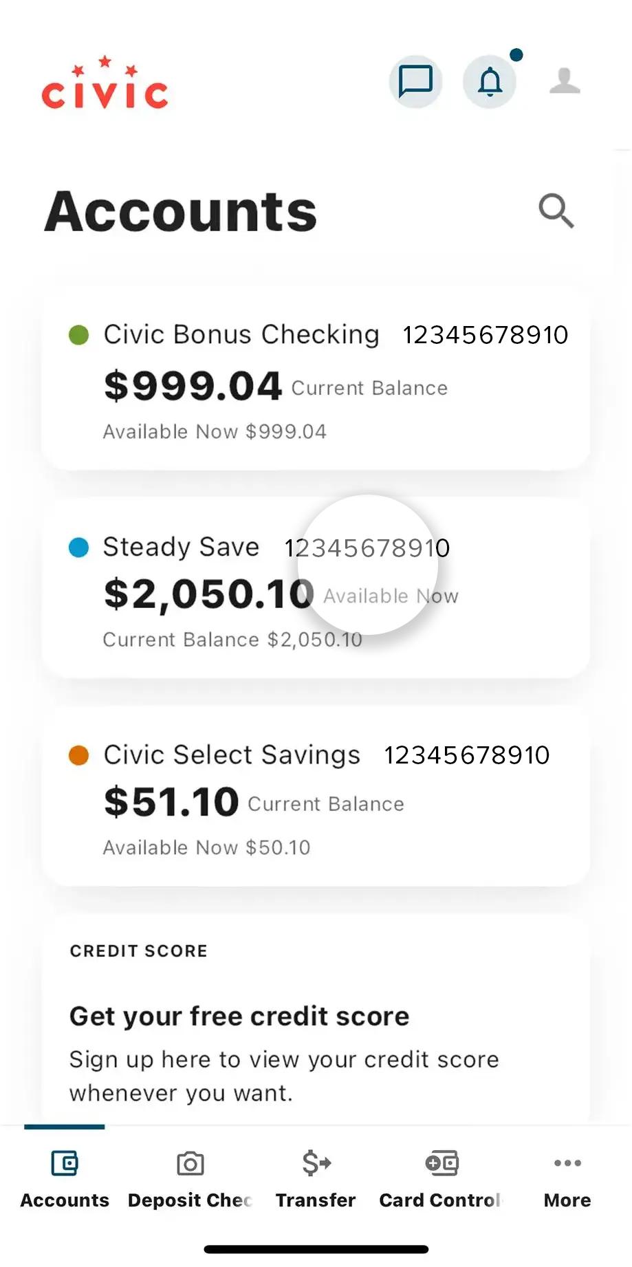 Civic app screen that highlights the selection of an account.