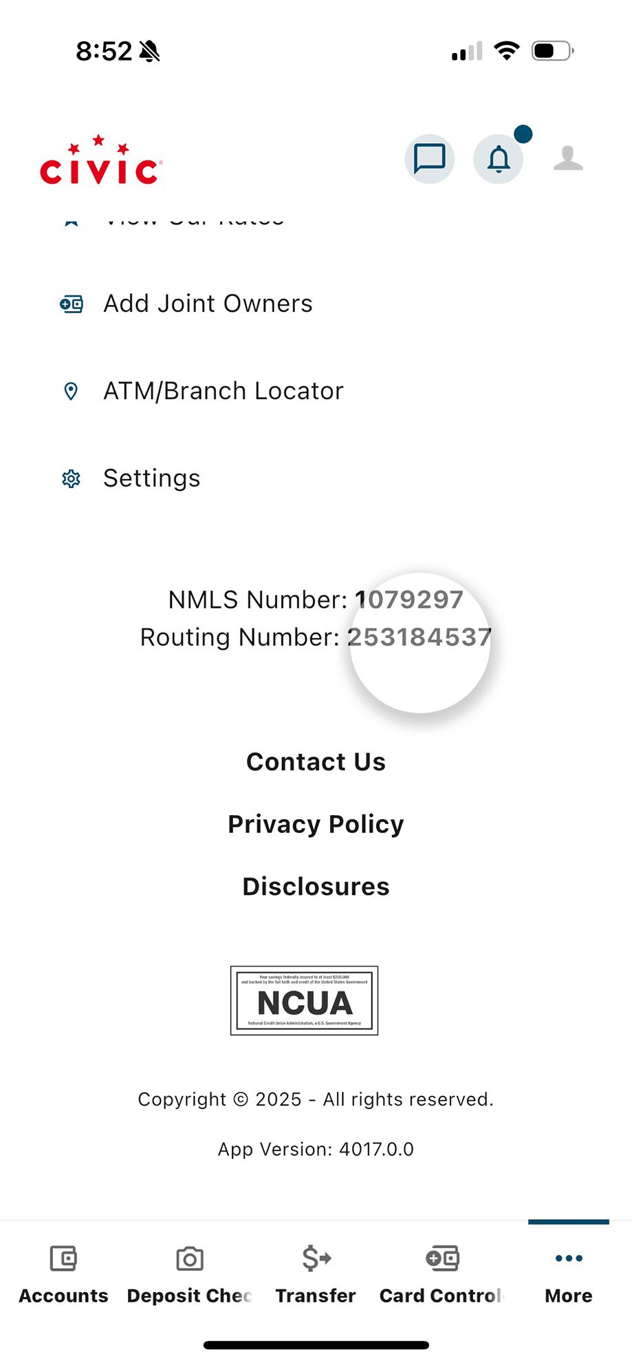 Civic app screen that highlights the routing number.
