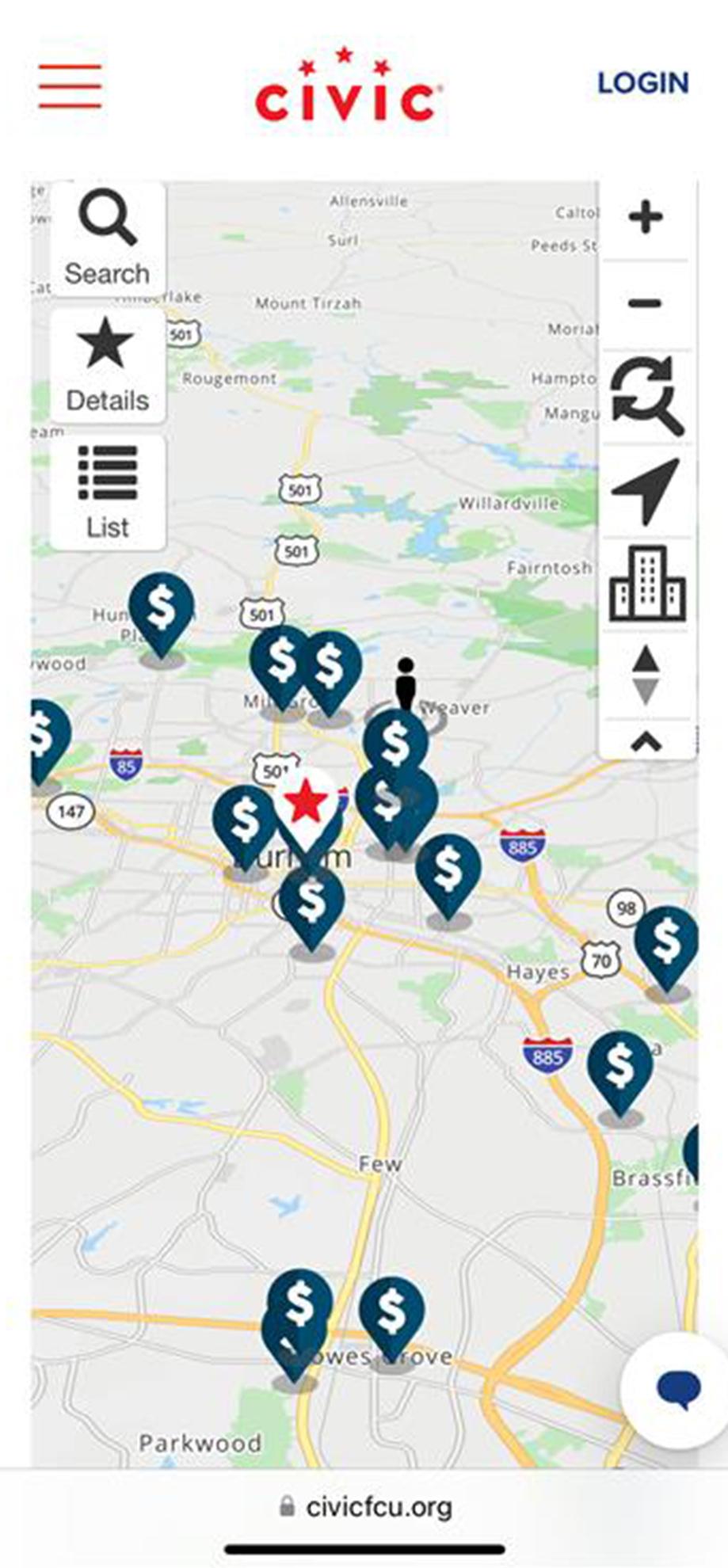 Civic app screen that shows the Civic ATM locations.