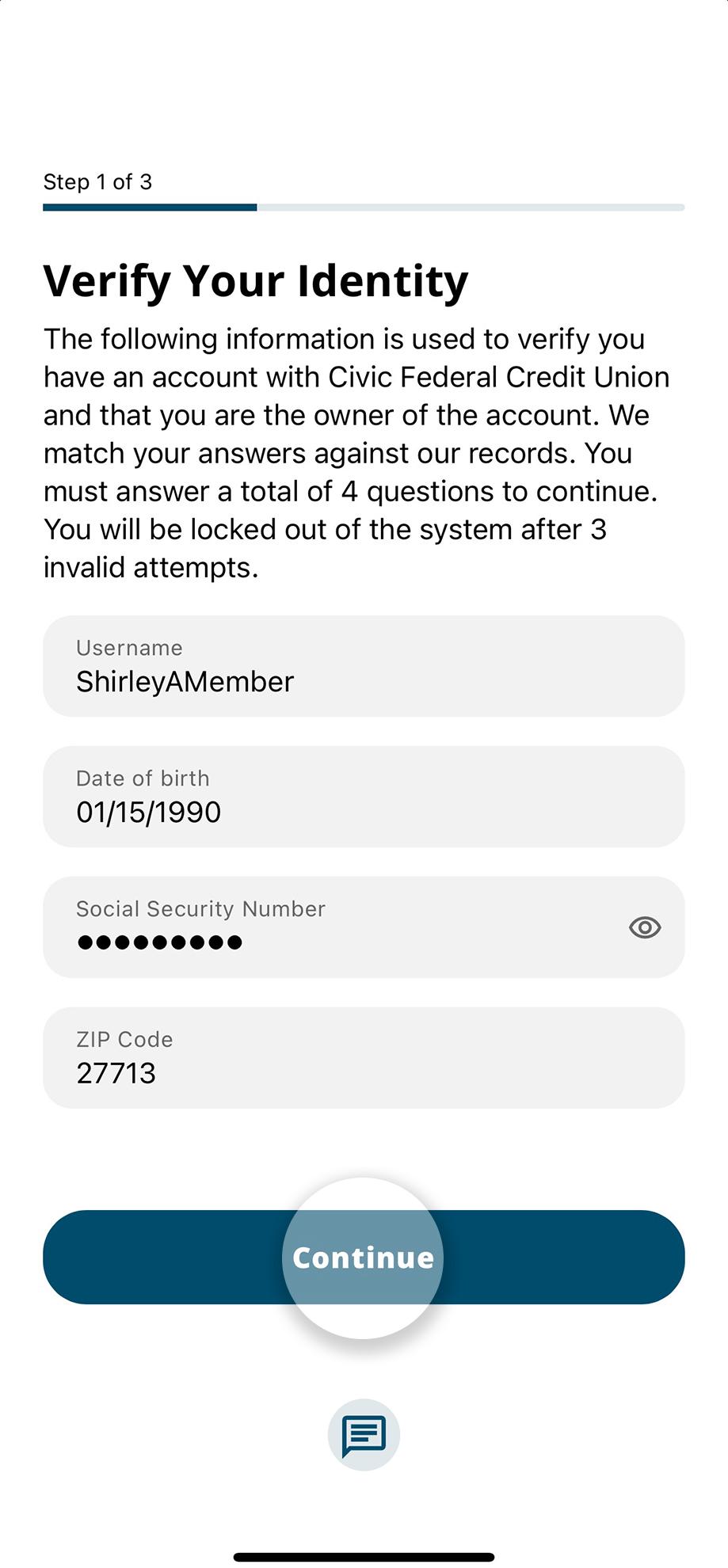 Civic app screen with 4 questions to verify your identity.