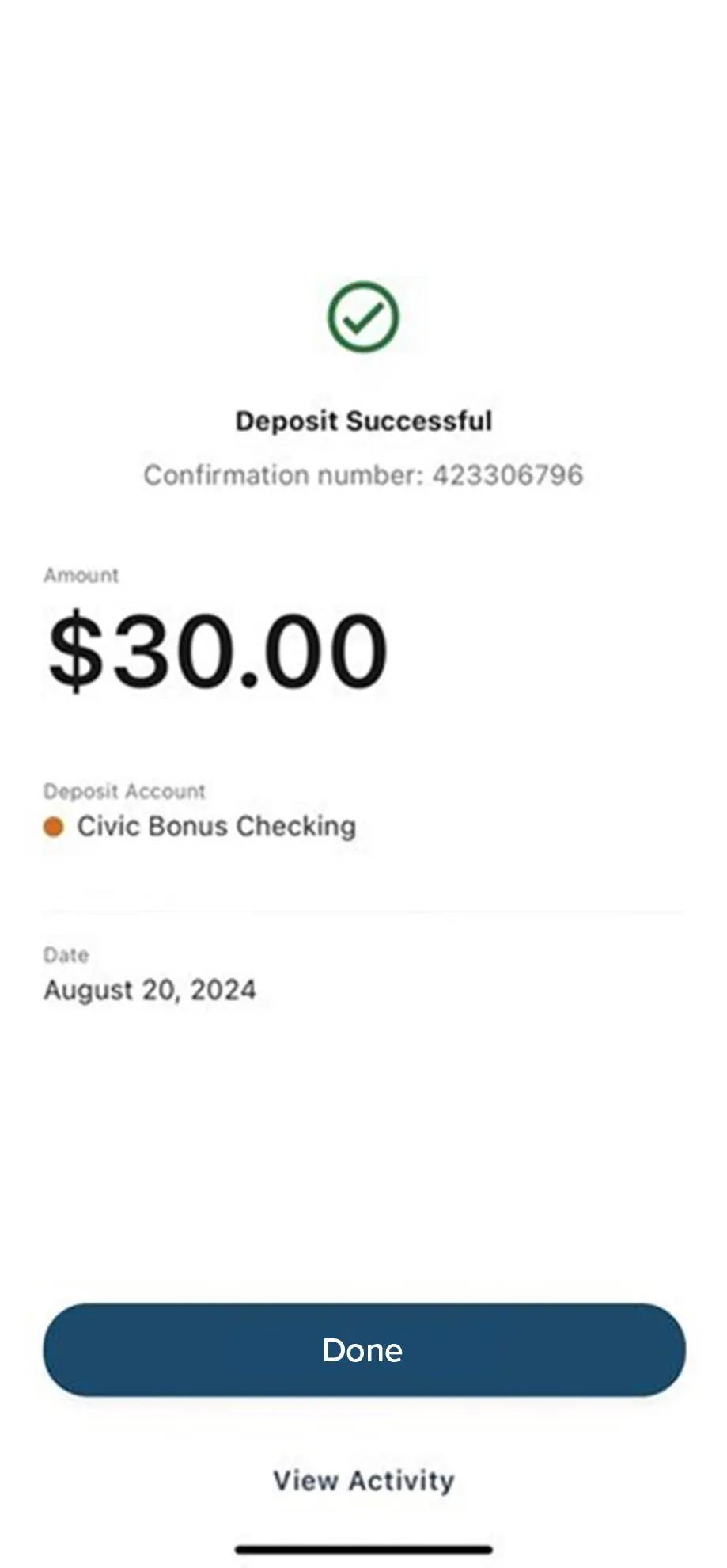 Civic app screen that confirms a successful check deposit.