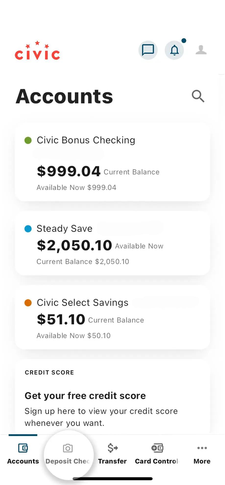 Civic app screen that highlights the selection of deposit check.