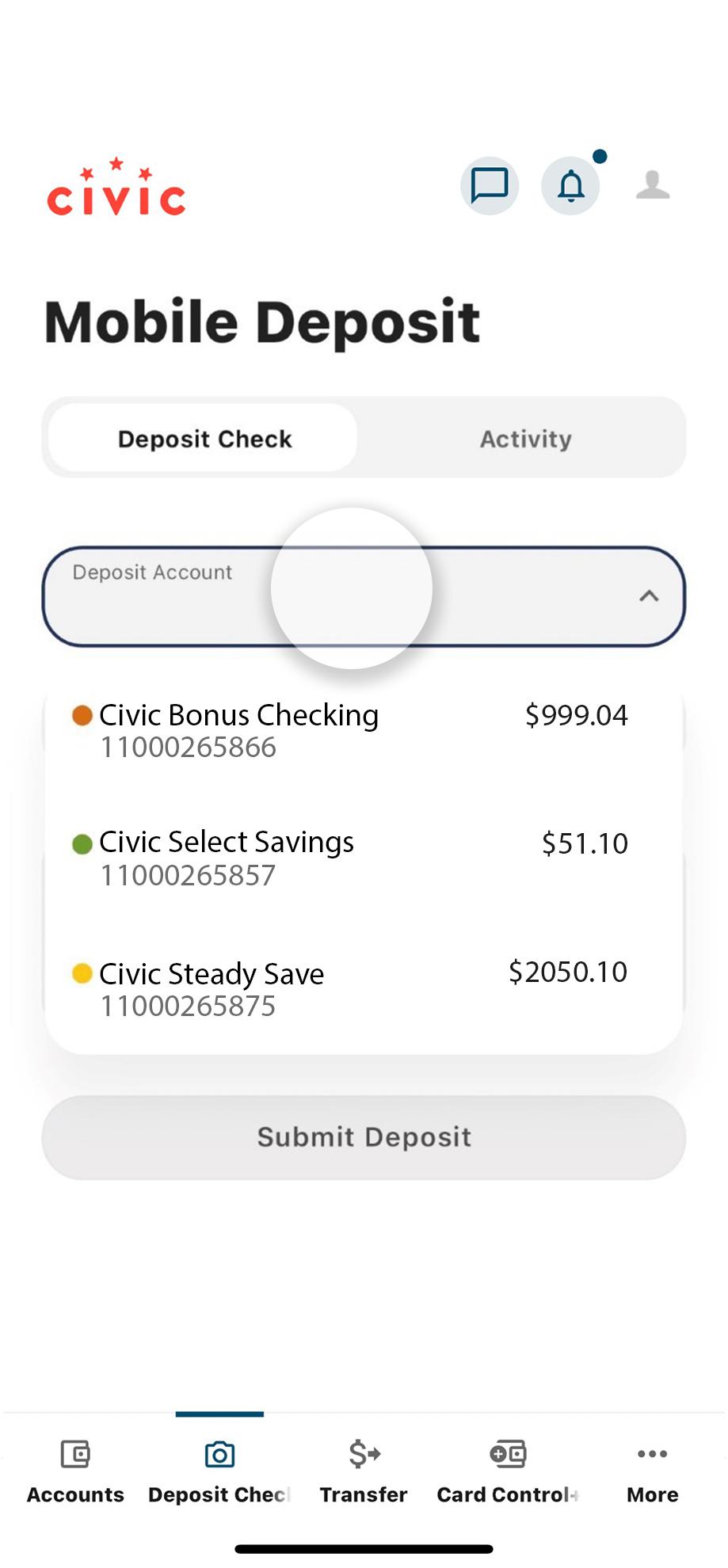Civic app screen that highlights the selection of an account.
