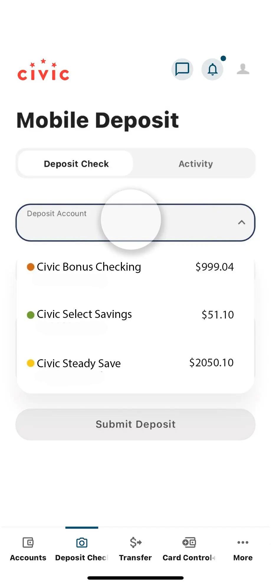 Civic app screen that highlights the selection of an account.