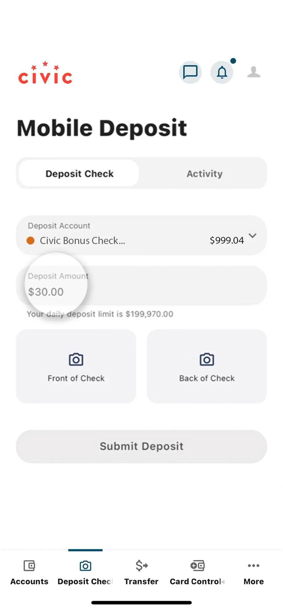 Civic app screen that highlights the selection of the amount.