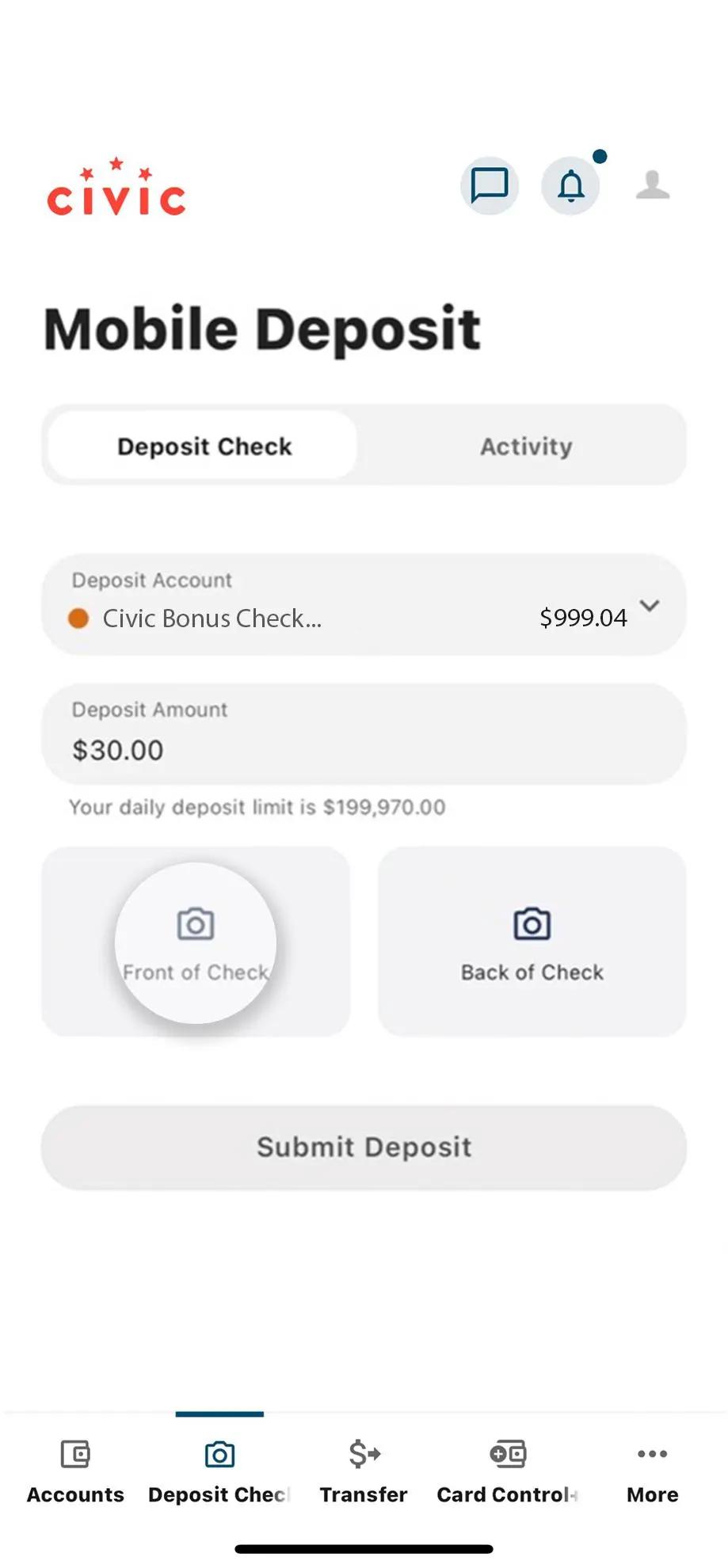 Civic app screen that highlights the selection of front of check.
