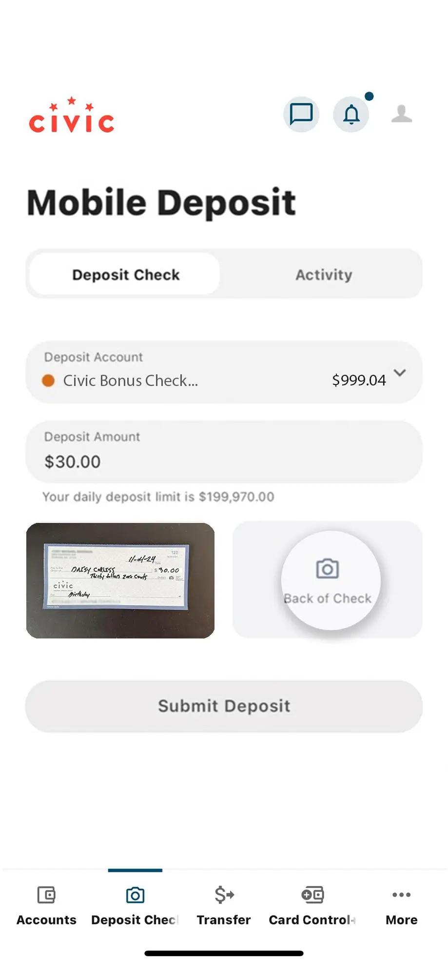 Civic app screen that highlights the selection of back of check.