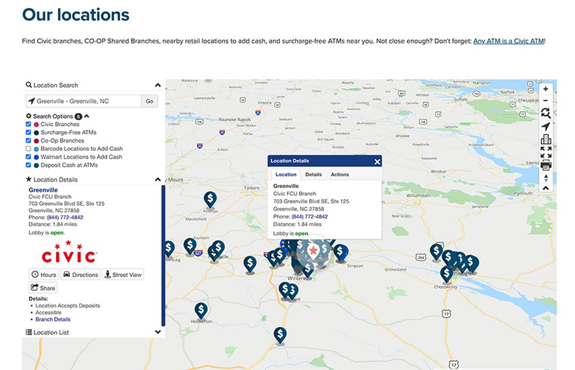 Desktop locations map with branch clicked, details shown.