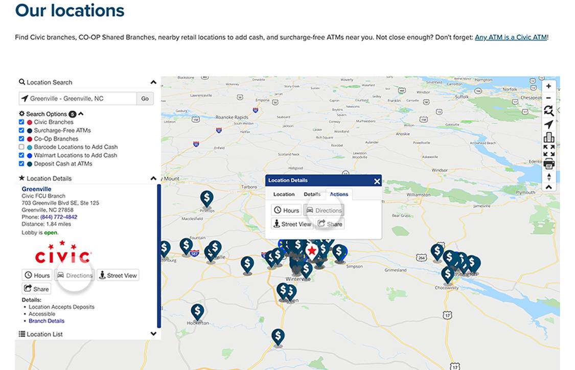 Desktop locations map with directions button highlighted.