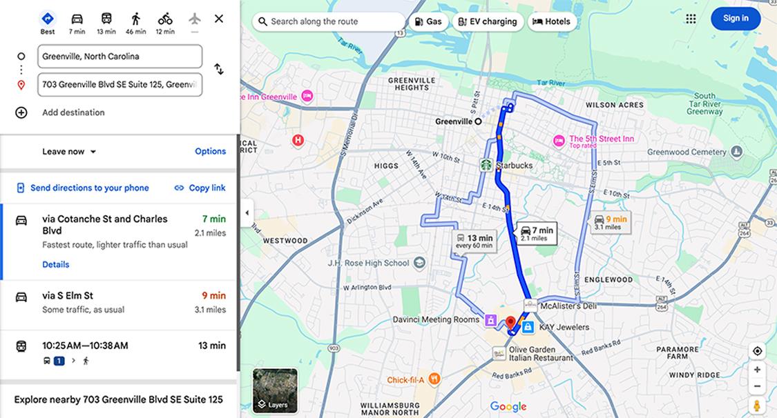 Google maps showing directions to the selected branch location.