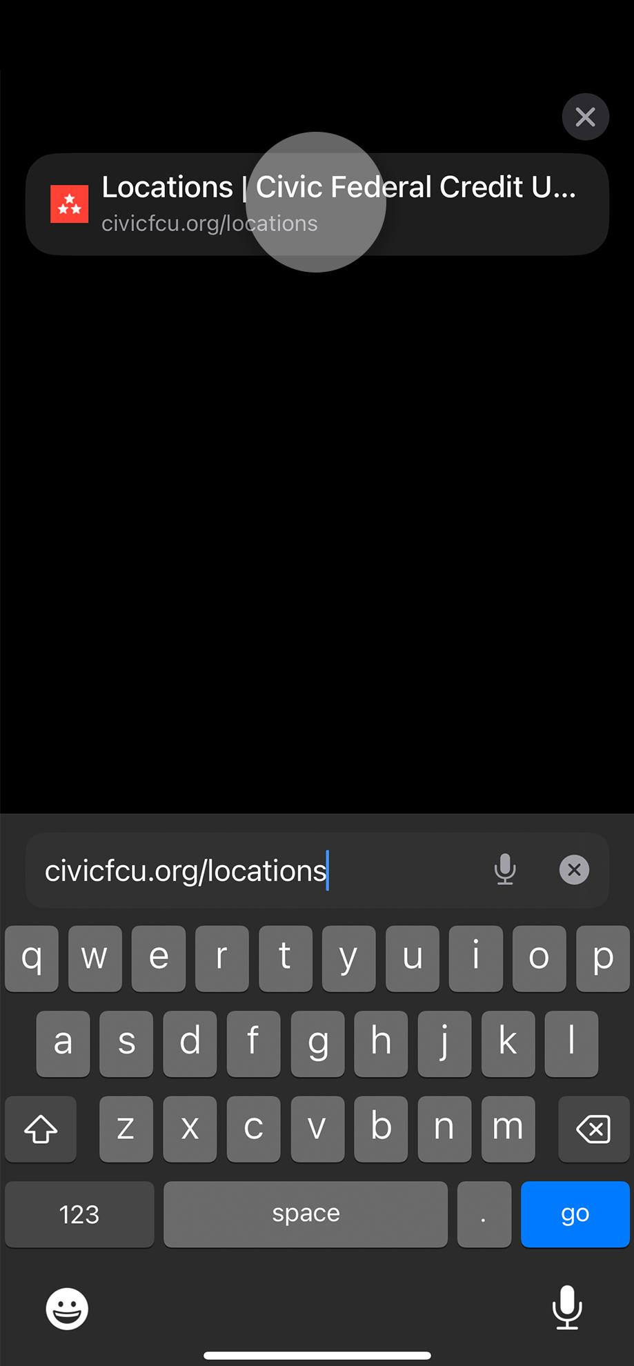 Mobile browser with civicfcu.org/locations entered.