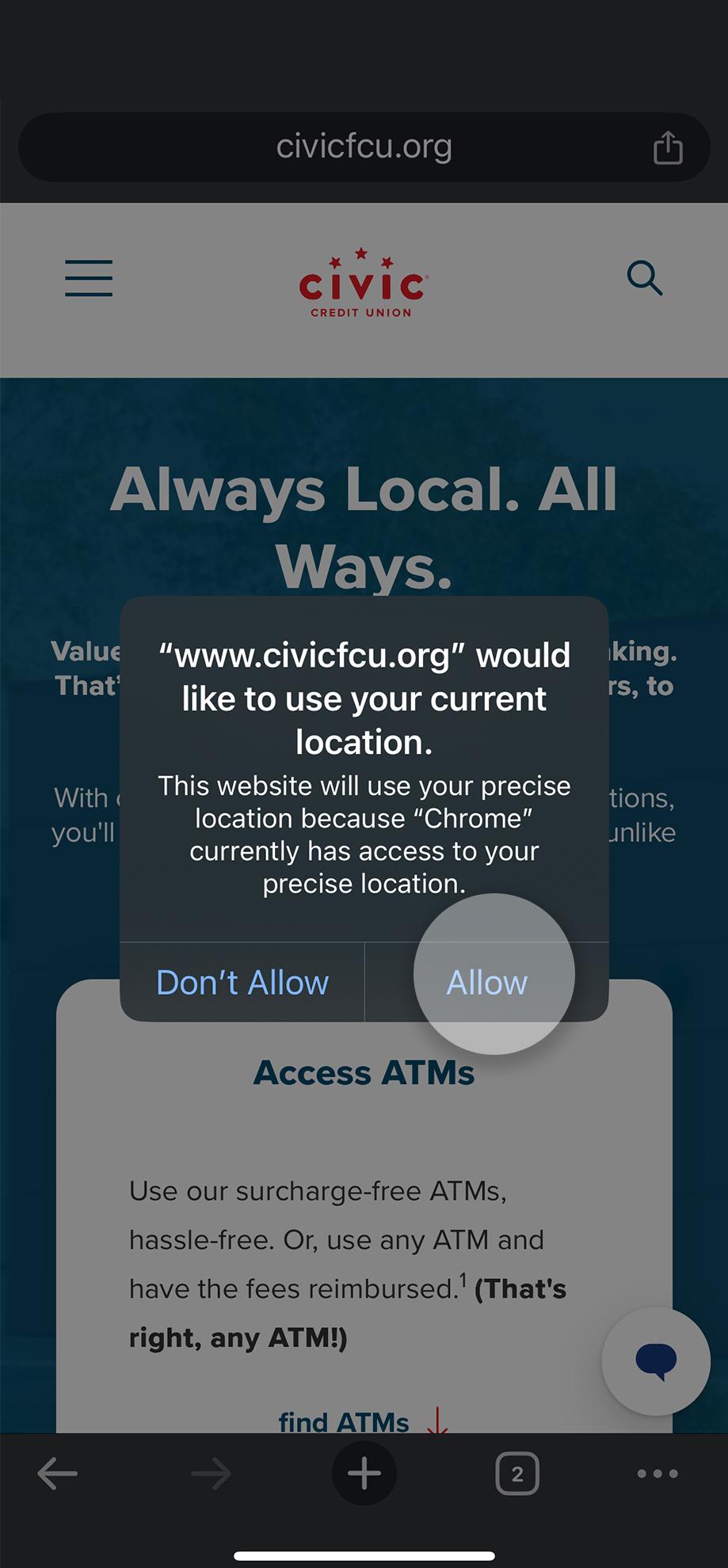 Mobile website with location popup to enable location.