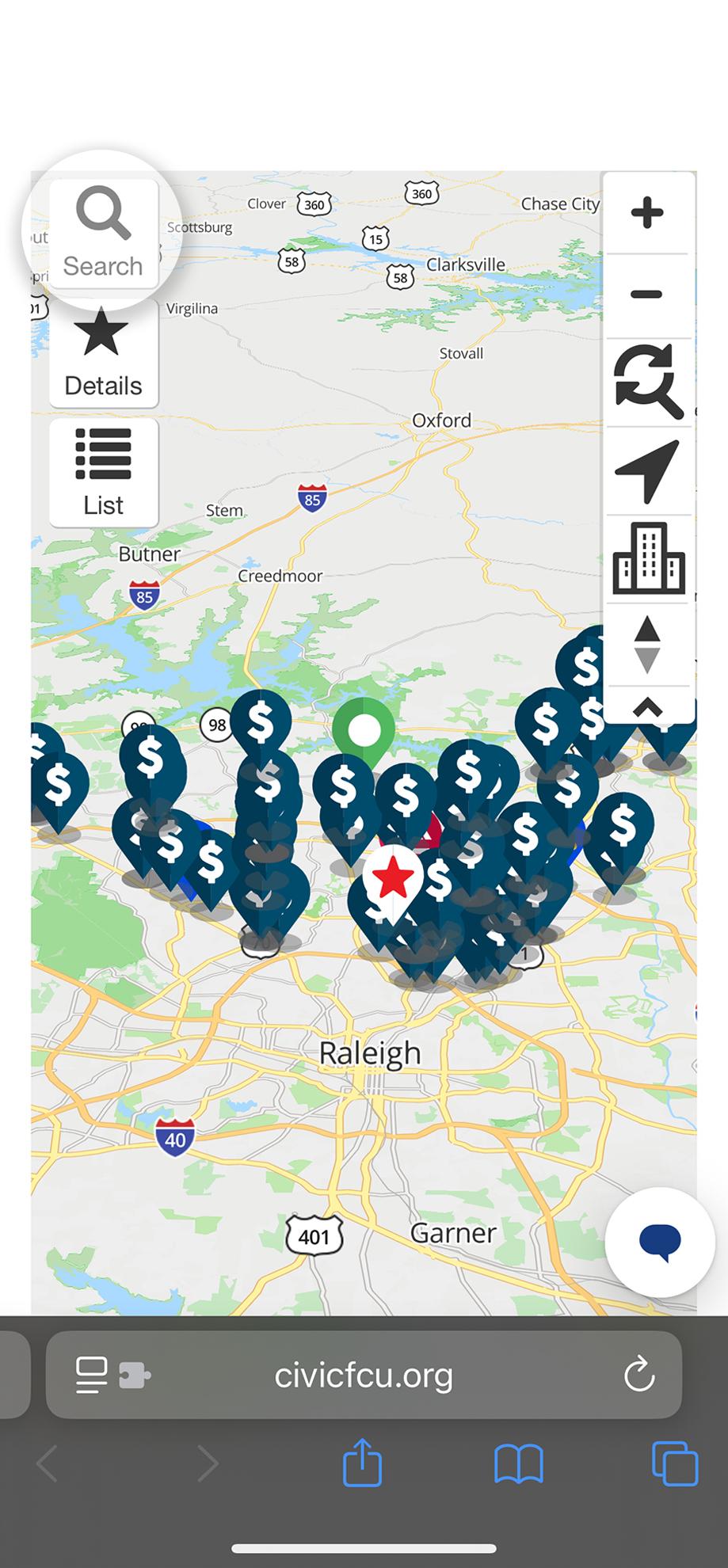 Mobile location map with search icon button highlighted.