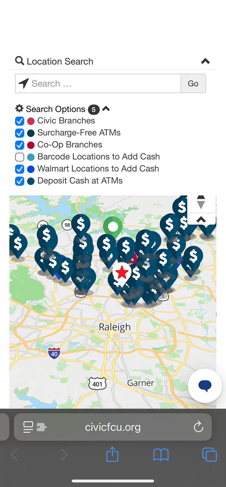 Mobile location map with checkbox filters dropped down.