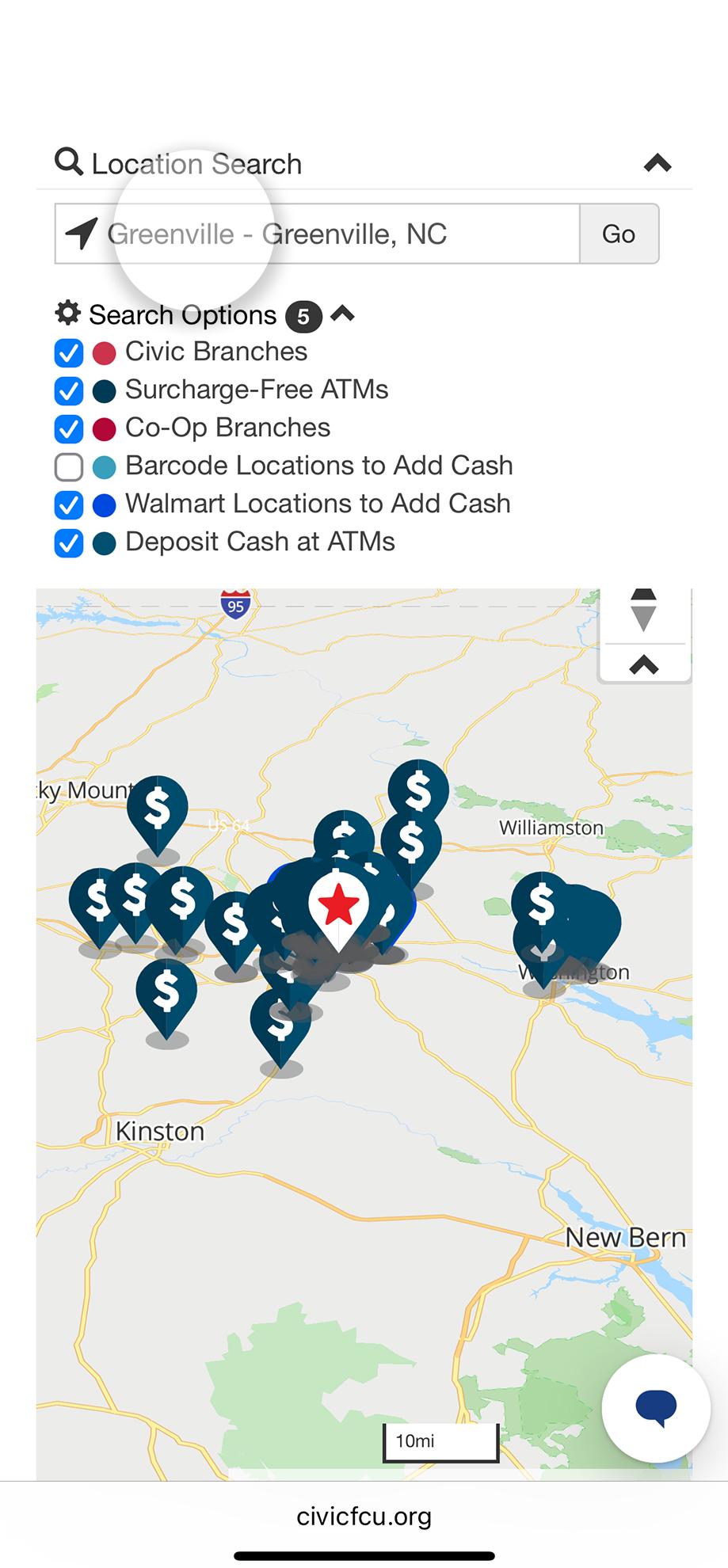 Mobile location map with search bar highlighted.