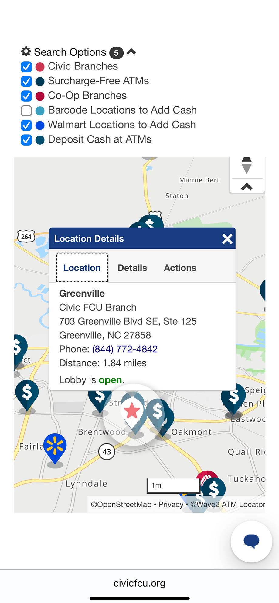 Mobile location map with location details open.