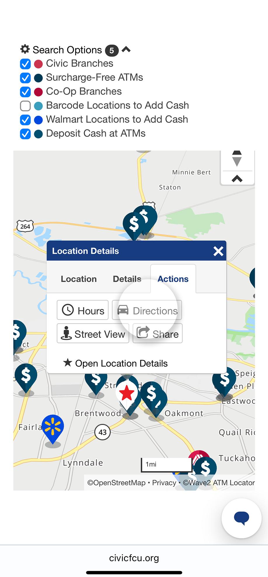 Mobile location map with location details and direction button highlighted.