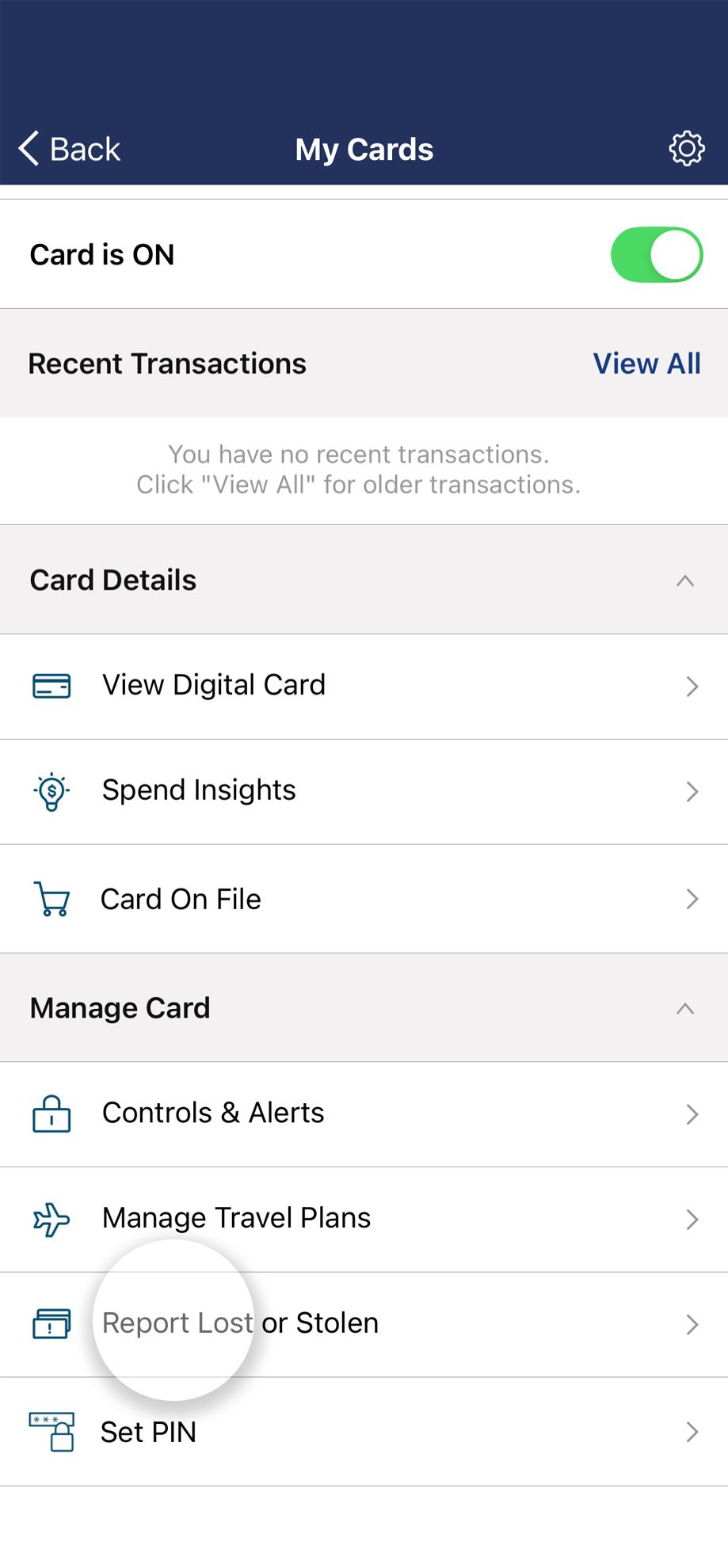 Card control+ inside the mobile app highlighting report card lost or stolen.
