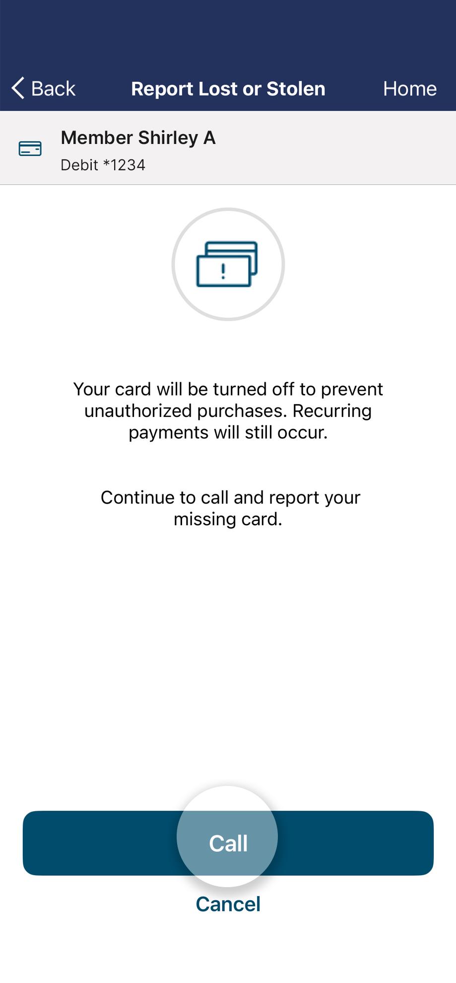 Card control+ inside the mobile app highlighting the call button.