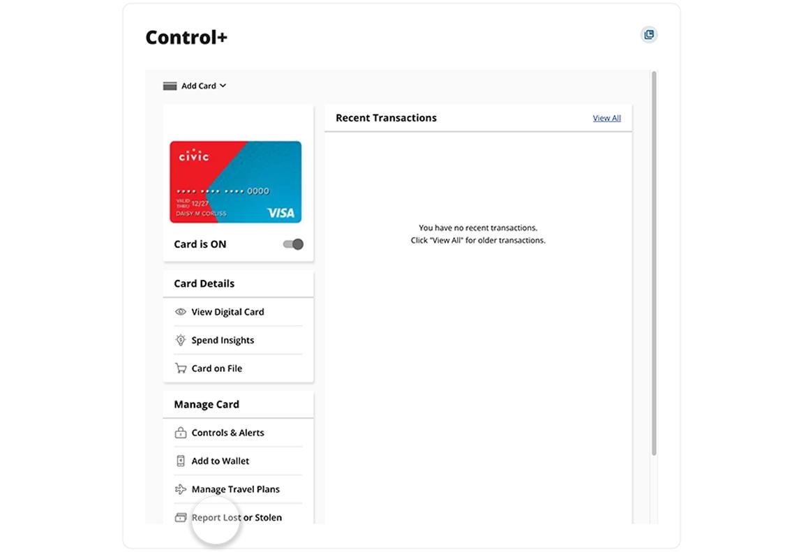 Civic online banking Card Control+ screen showing report card lost or stolen highlighted.