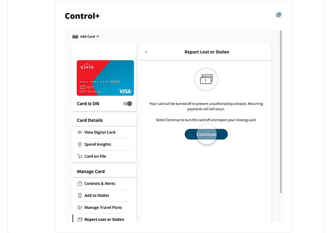 Civic online banking Card Control+ screen showing report card lost or stolen highlighting continue button..