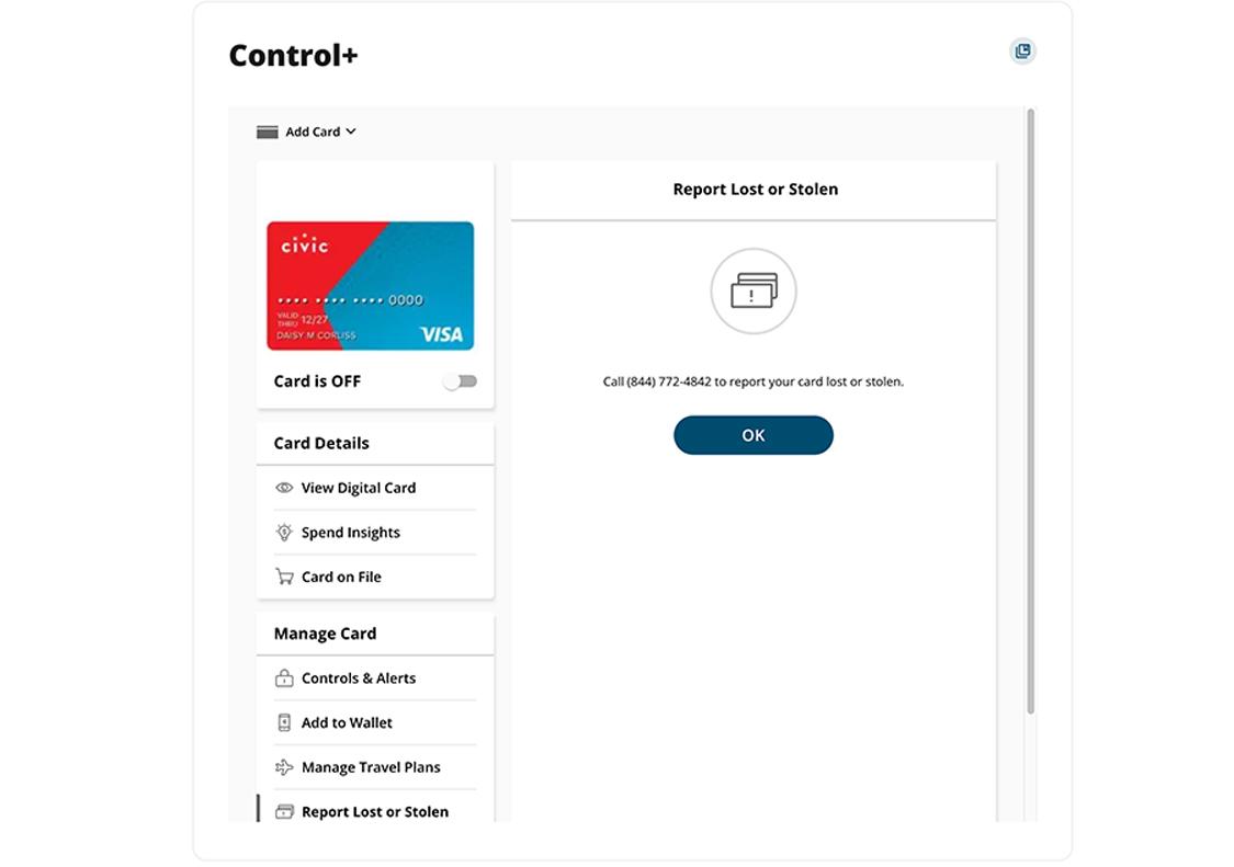 Civic online banking Card Control+ screen showing report card lost or stolen highlighting the phone number to call.
