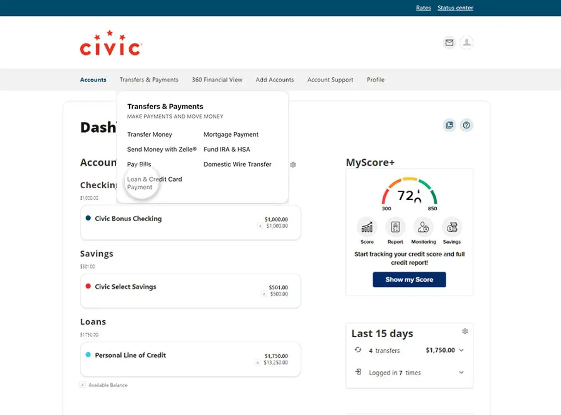 Civic app screen that highlights the selection of loans and credit card payments.