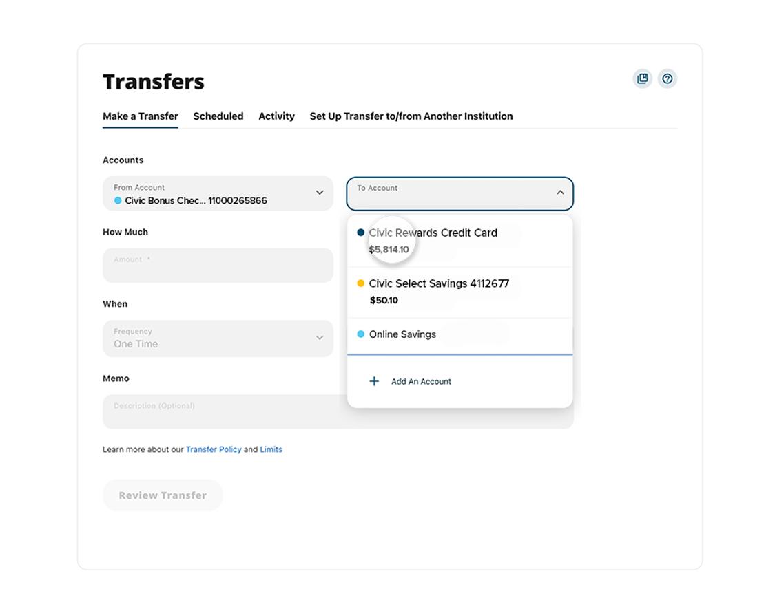 Civic online banking make a payment highlighting account selection.