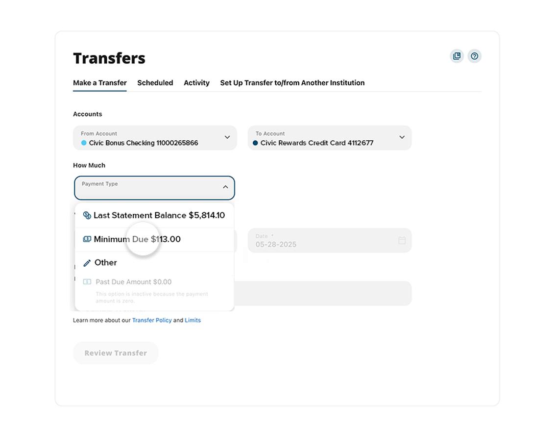Civic online banking make a payment selecting to account.