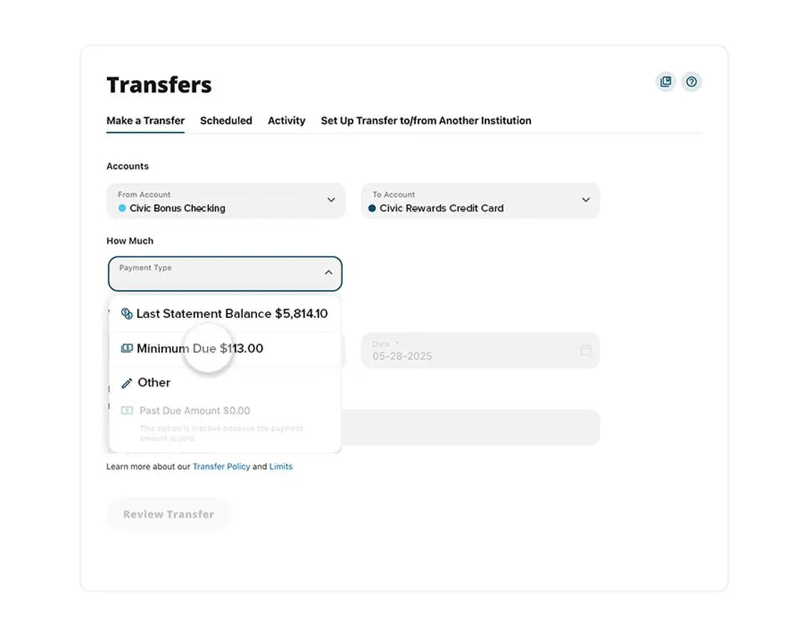 Civic online banking make a payment selecting to account.